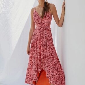 Anthropologie Red Floral Midi Wrap Dress